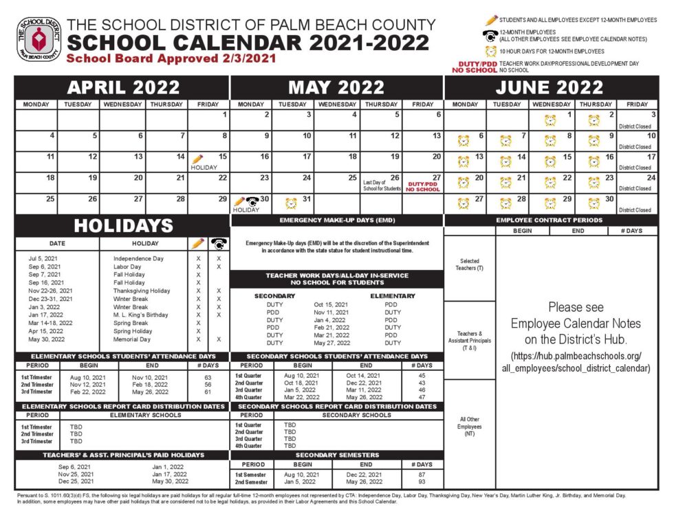 Palm Beach County School Calendar 2021 2022 Holidays