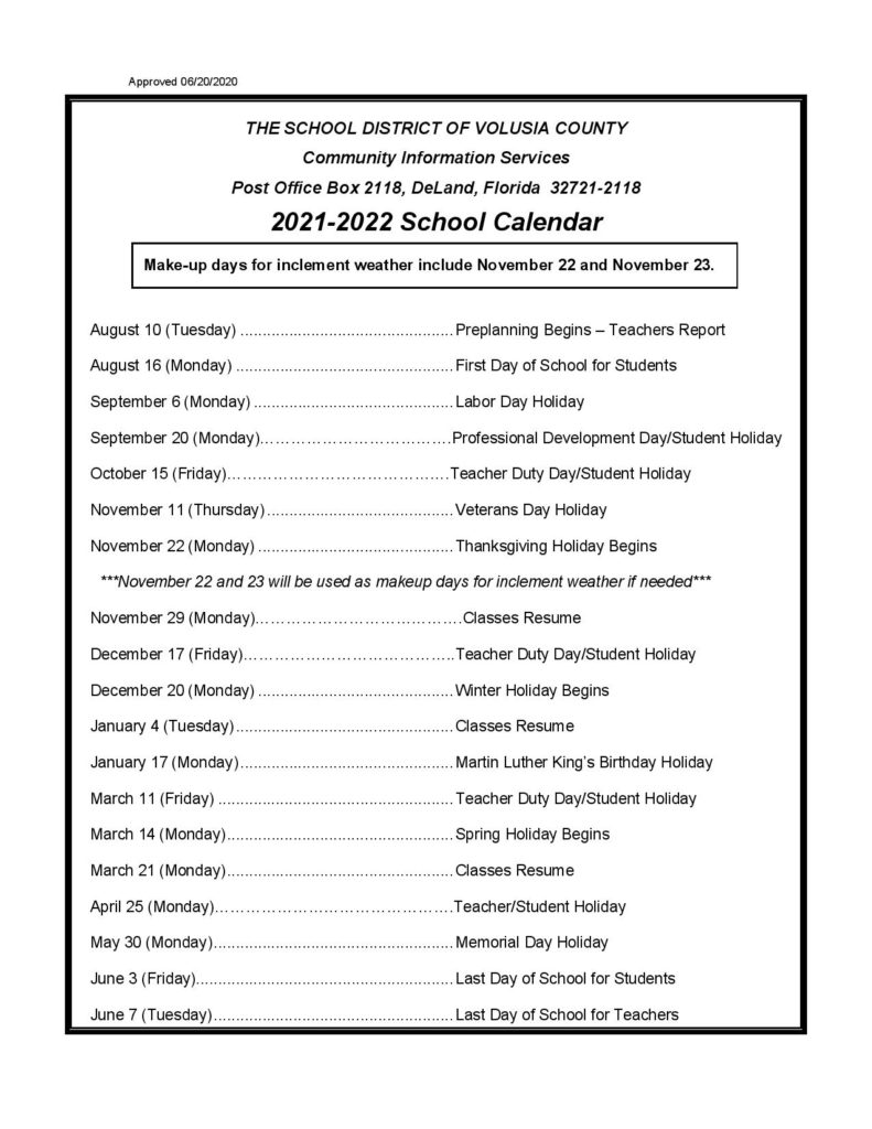 Volusia County School Calendar 2021 2022 With Holidays
