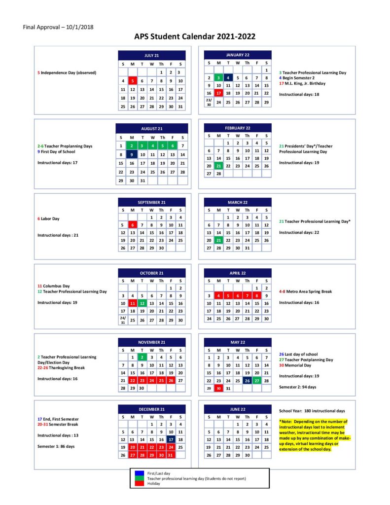 Atlanta Public Schools Calendar 2021 2022 And Holidays
