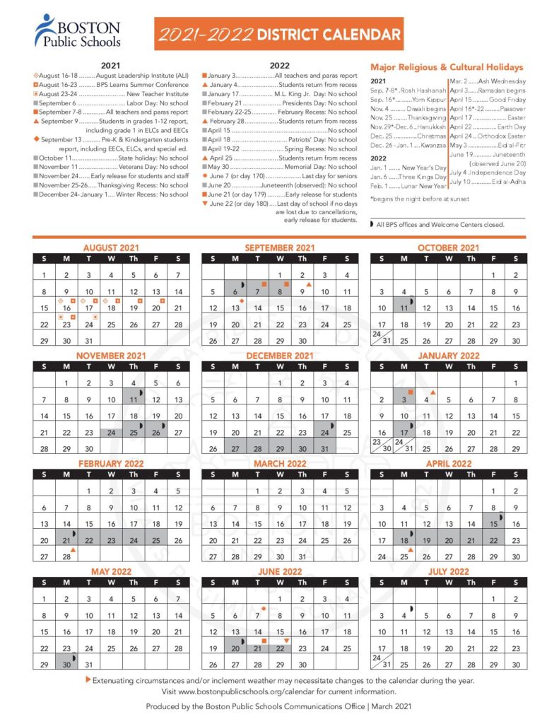 Boston Public Schools Calendar 2021 2022 Holidays