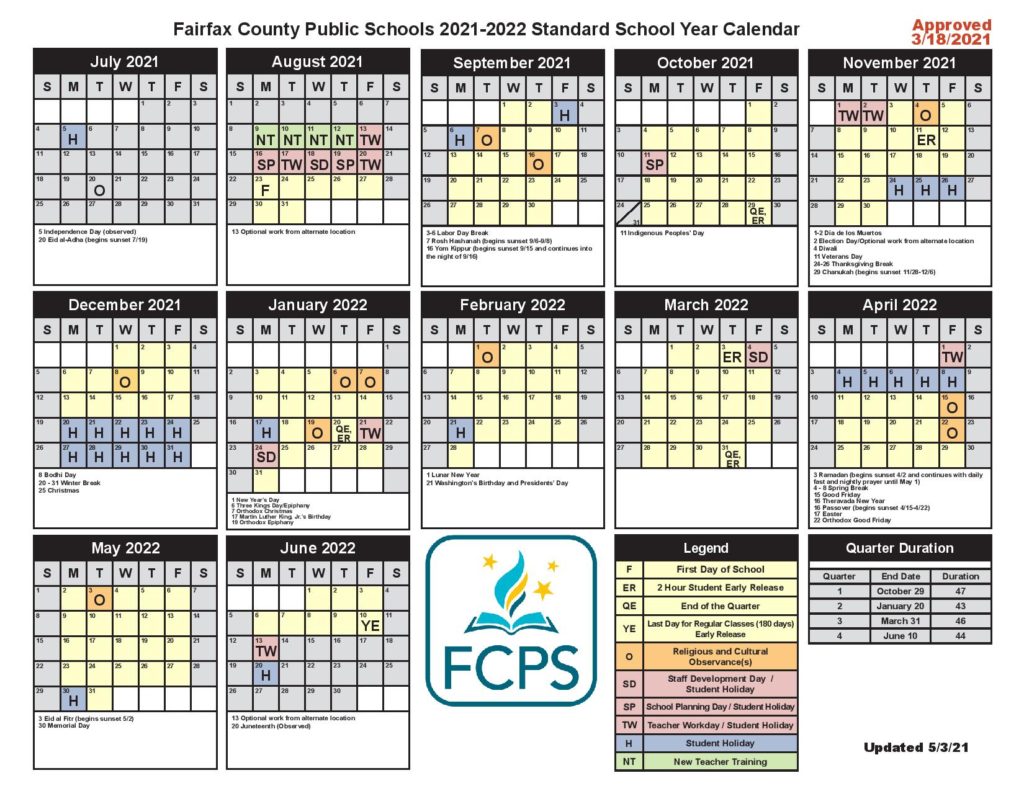Fairfax County Public Schools Calendar 20212022 in PDF