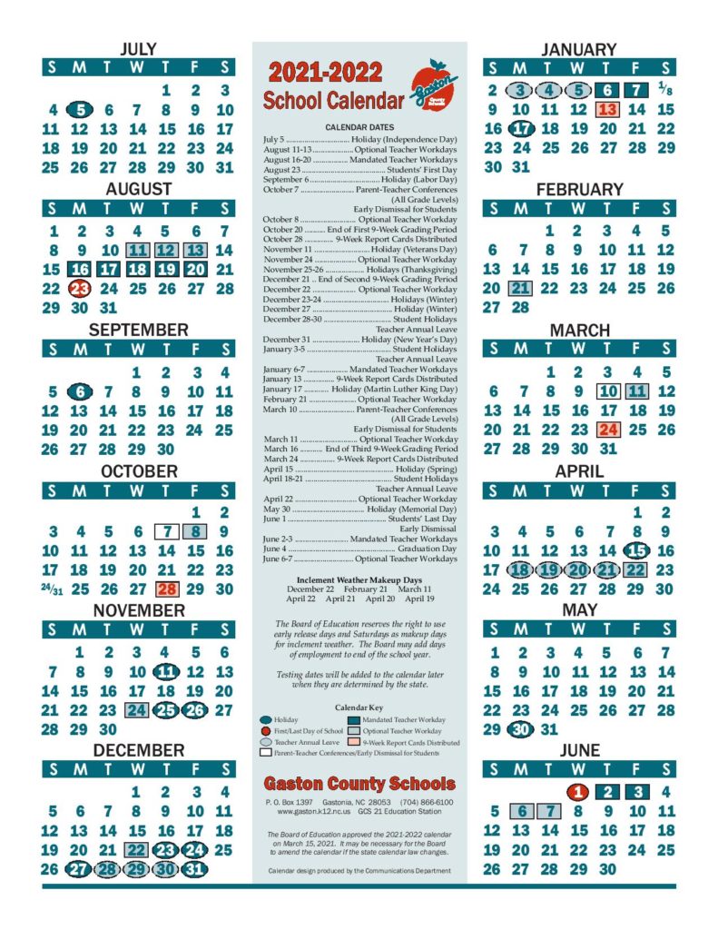 Gaston County Schools Calendar Holidays 2021-2022