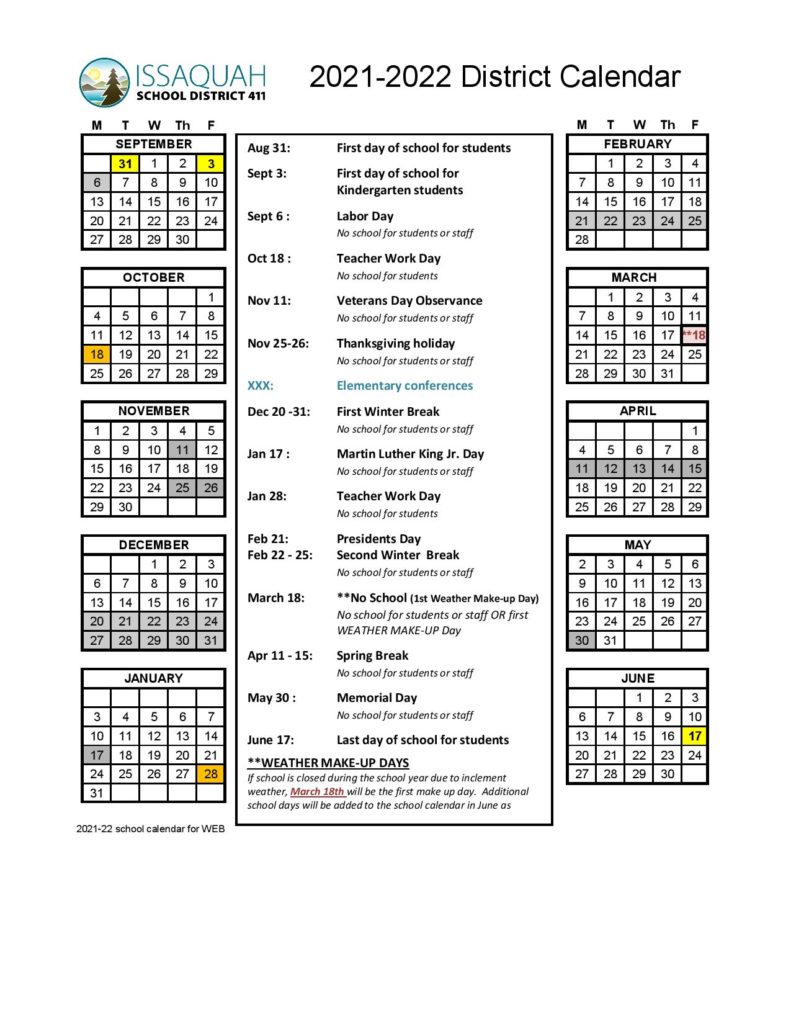 Issaquah School District Calendar 20212022 Download Now