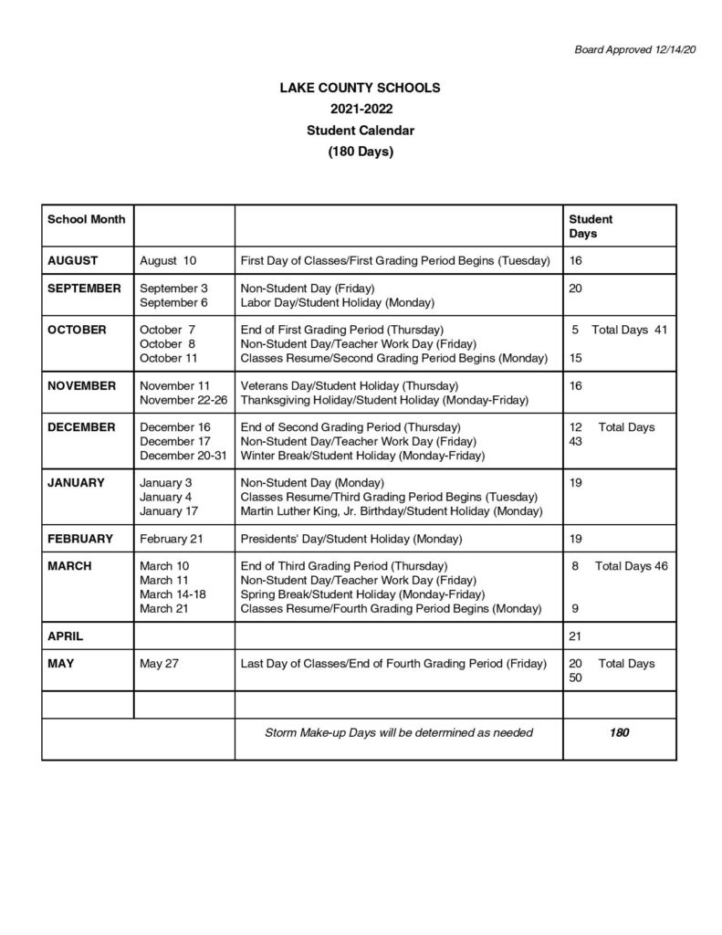 Lake County Schools Calendar 2021-2022 & Holidays