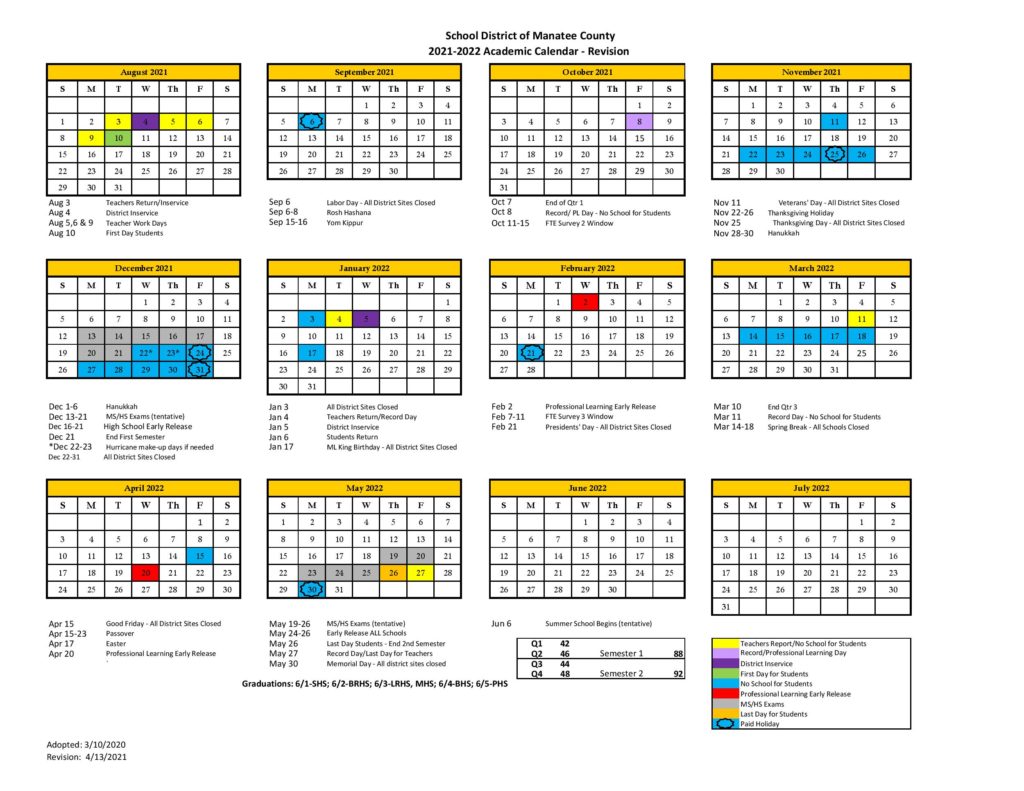 Manatee County Schools Calendar 2021 2022 Holidays
