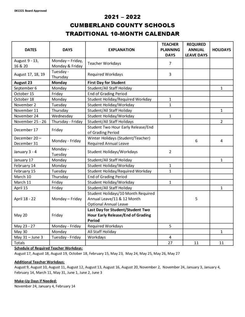 Cumberland County School Calendar 20212022 & Holidays