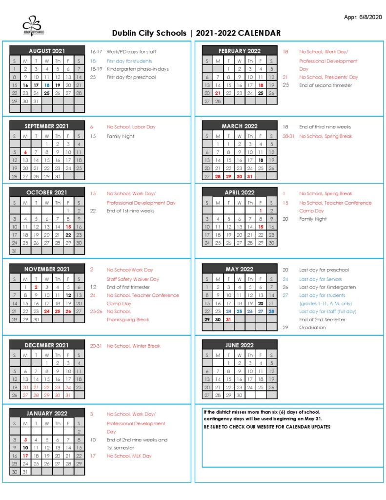 Dublin City School Calendar Holidays 2021 and 2022