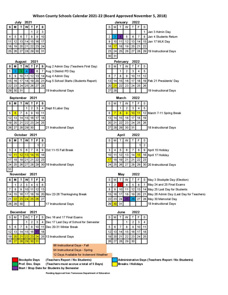 Wilson County School Calendar Holidays 20212022