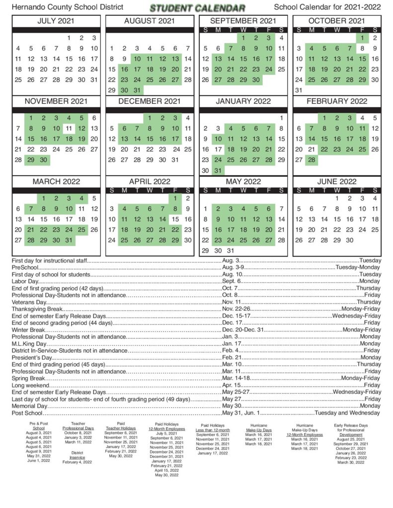 Hernando County School Calendar Holidays 2021 2022
