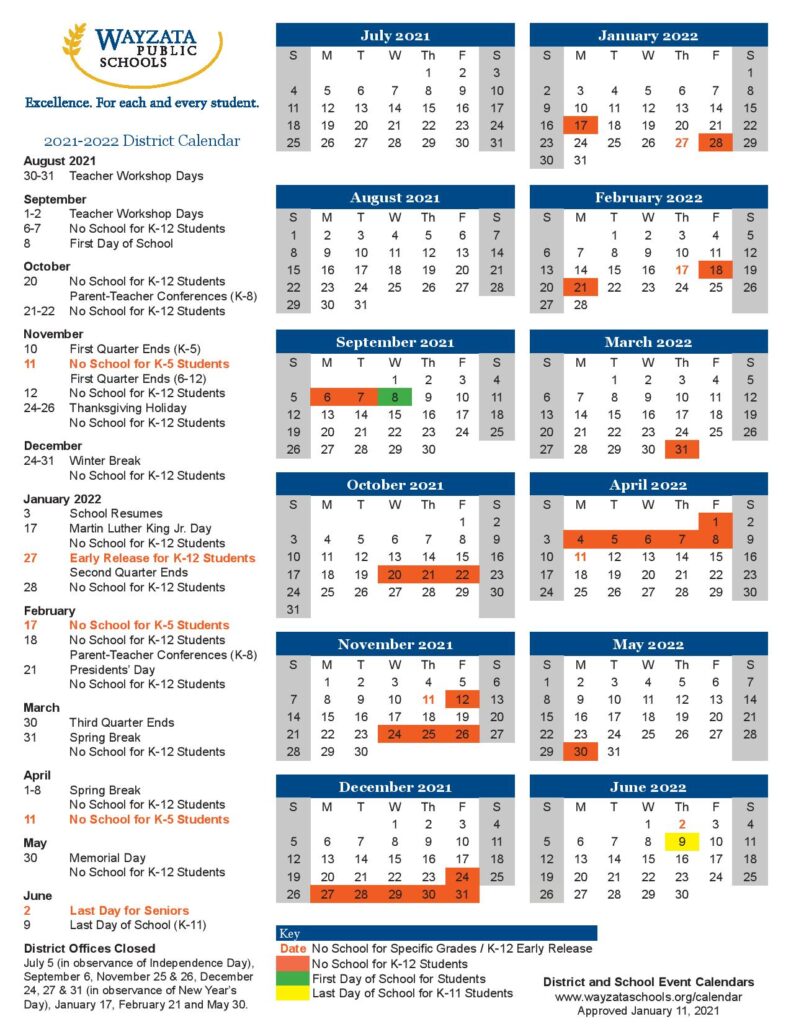 Wayzata Schools Calendar 20212022 & Holidays PDF