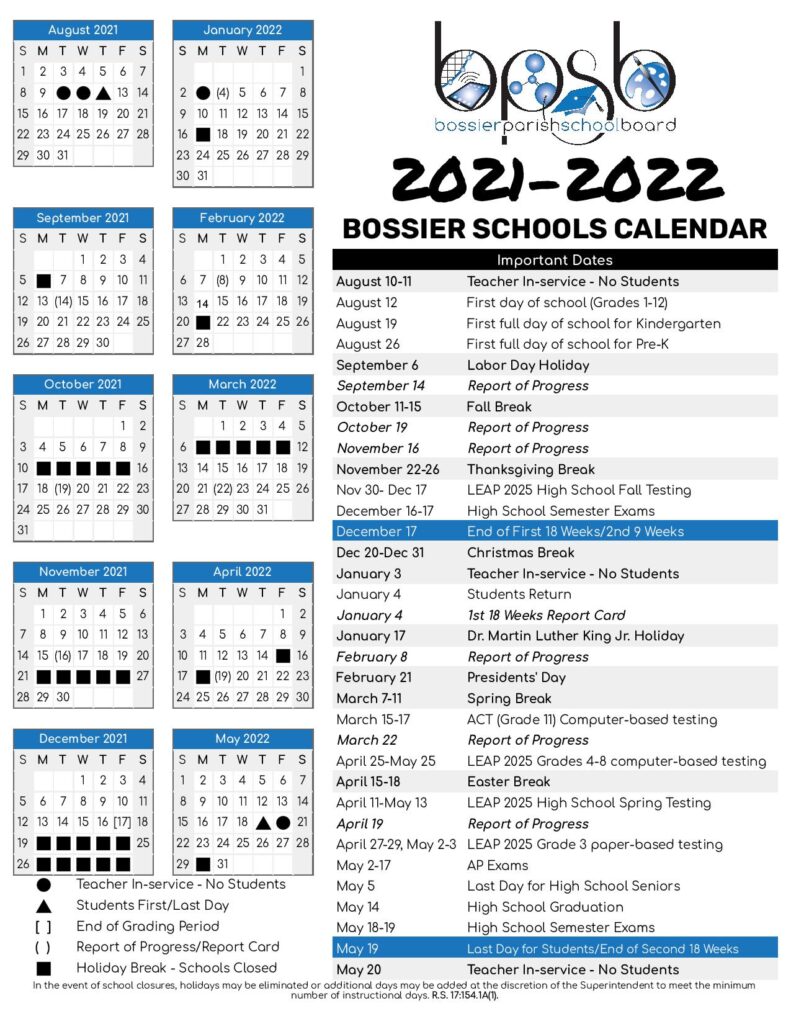 Bossier Parish Schools Calendar Holidays 2021 2022