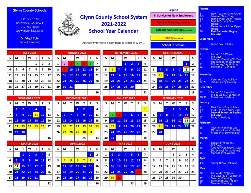 Glynn County School Calendar Holidays 2021-2022
