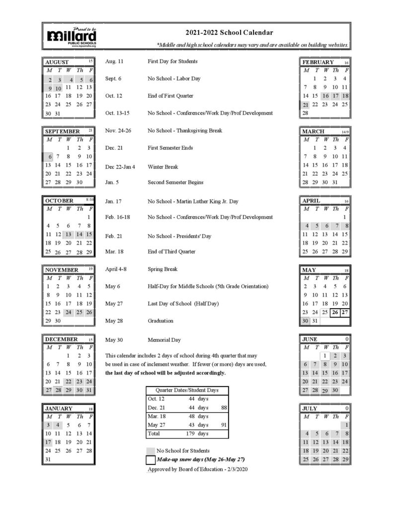 Millard Public School Calendar Holidays 20212022