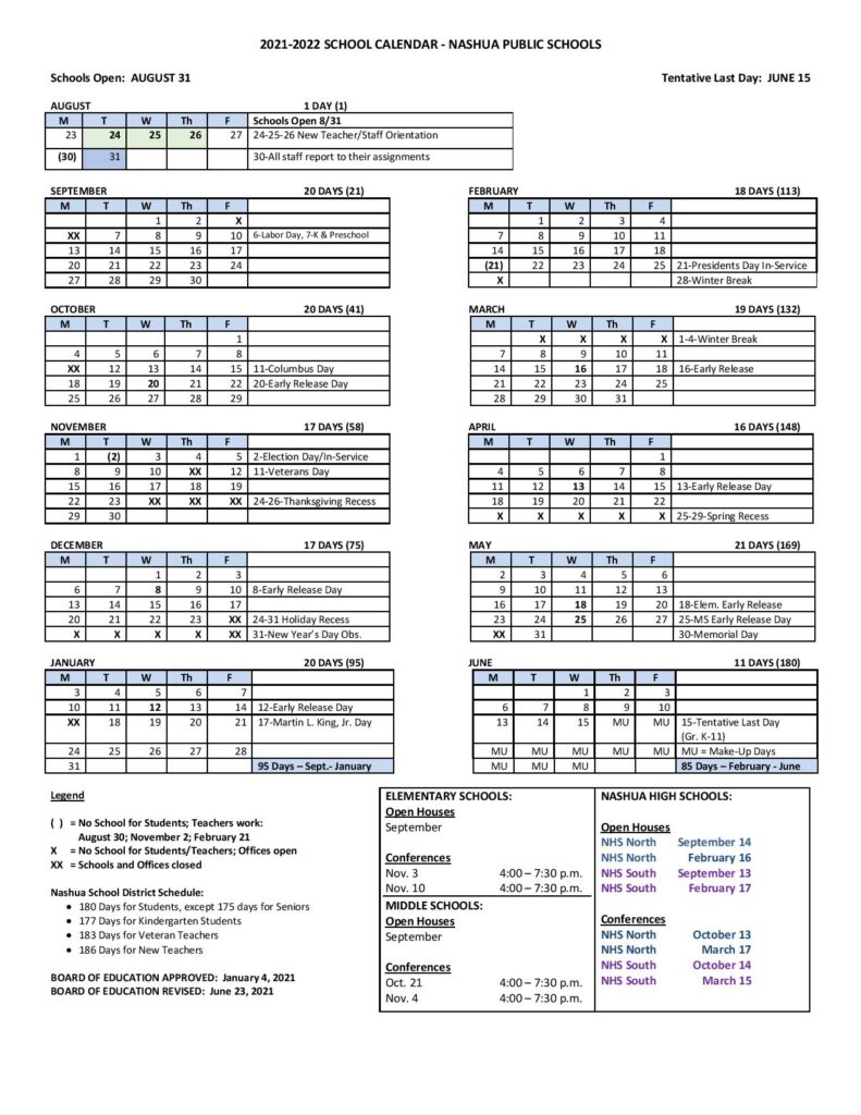 Nashua School District Calendar 20212022 & Holidays