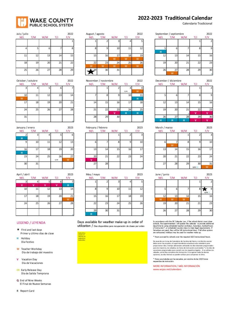 Traditional Calendar Wake County 2022 Wake County Public Schools Calendar 2022-2023