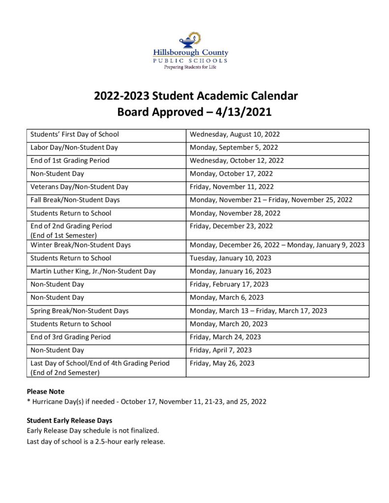 Hillsborough County School Calendar 20222023 & Holidays