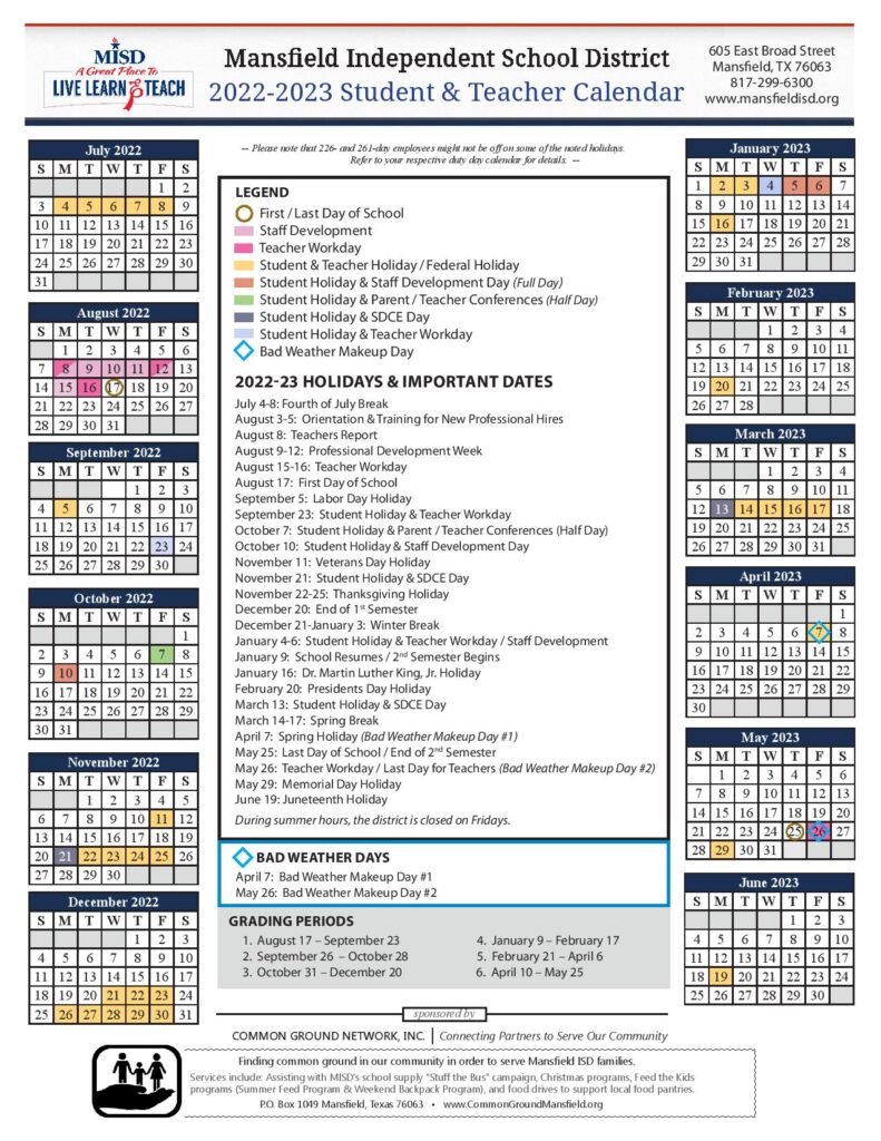 Misd 2022 Calendar Mansfield Independent School District Calendar 2022-2023