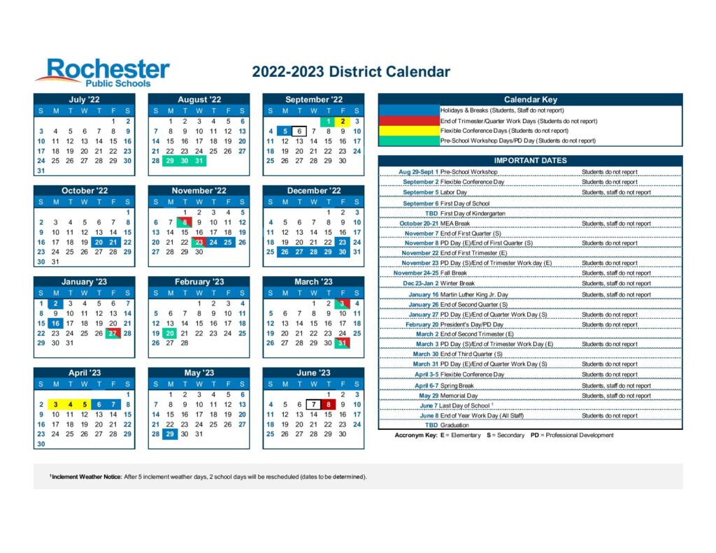 Rochester Public Schools Calendar 20222023 School Calendar