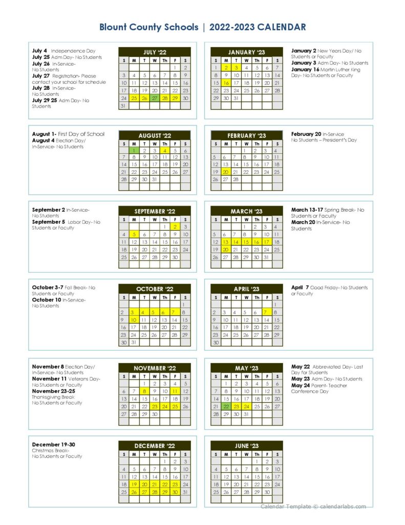 Blount County Schools Calendar Holidays 2022-2023