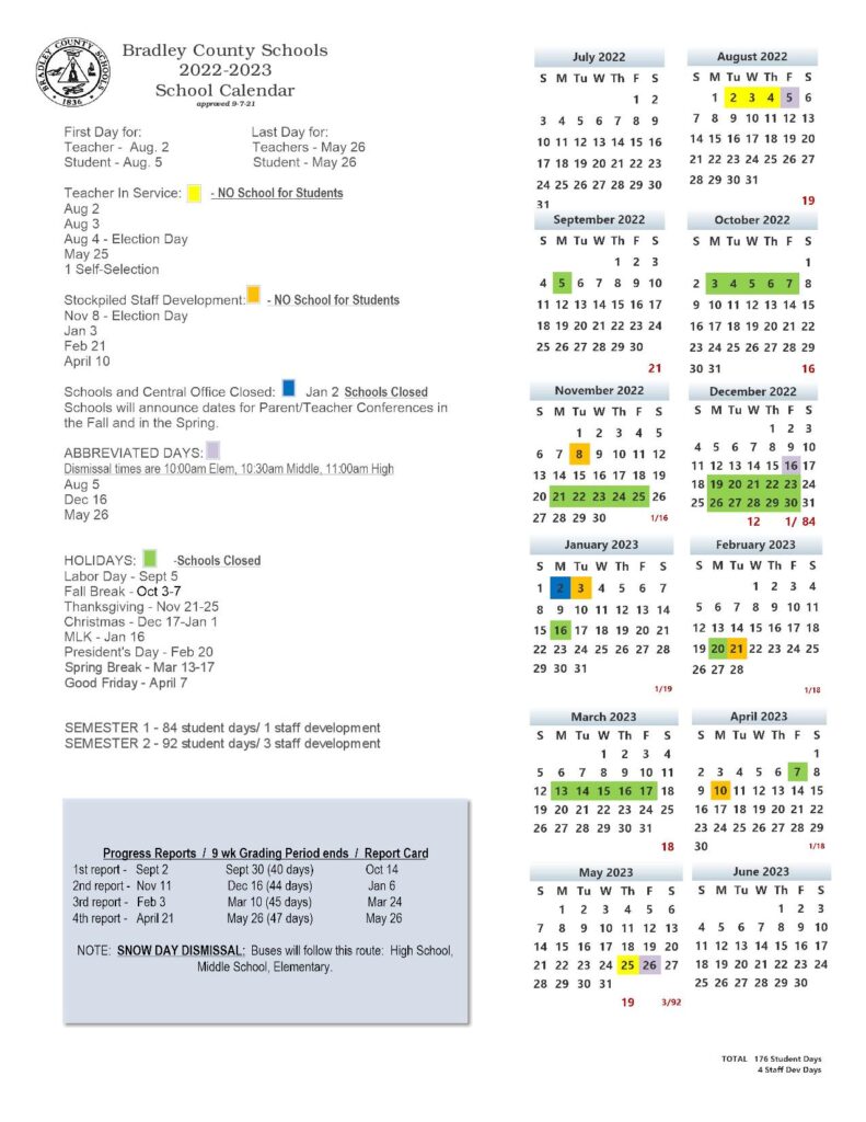 Bradley County Schools Calendar 2022-2023 & Holidays