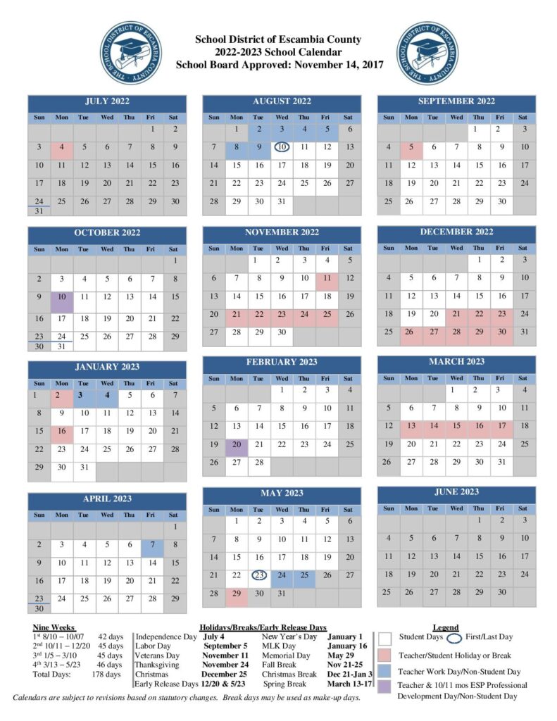 Escambia County School Calendar Holidays 2022-2023