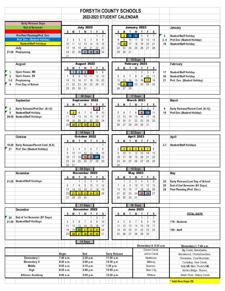 Forsyth County School Calendar 2022-2023 in PDF