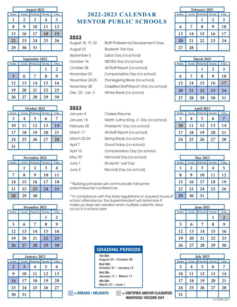 Mentor Public Schools Calendar Holidays 2022-2023 PDF