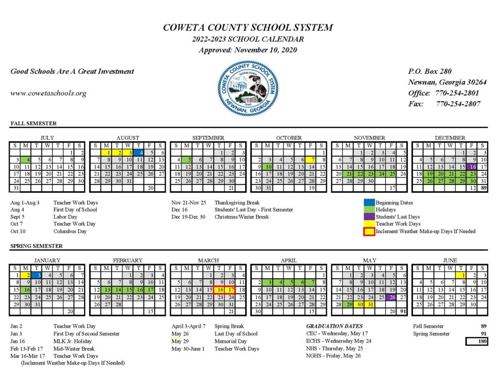 Coweta County Schools Calendar 2022-2023 & Holidays