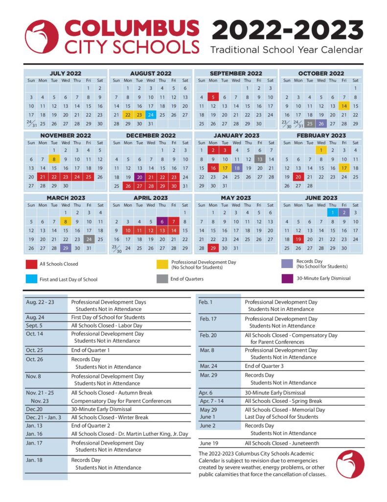 Columbus City School Calendar 2022-2023 & Holidays