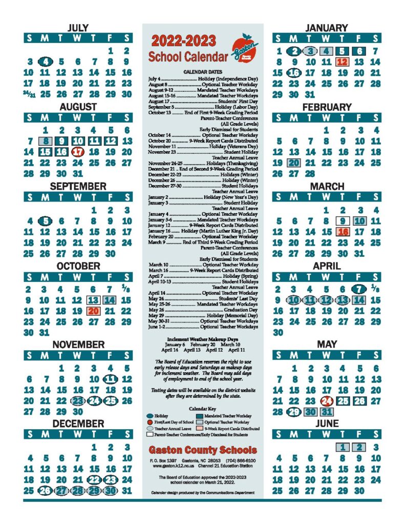 Gaston County Schools Calendar Holidays 20222023