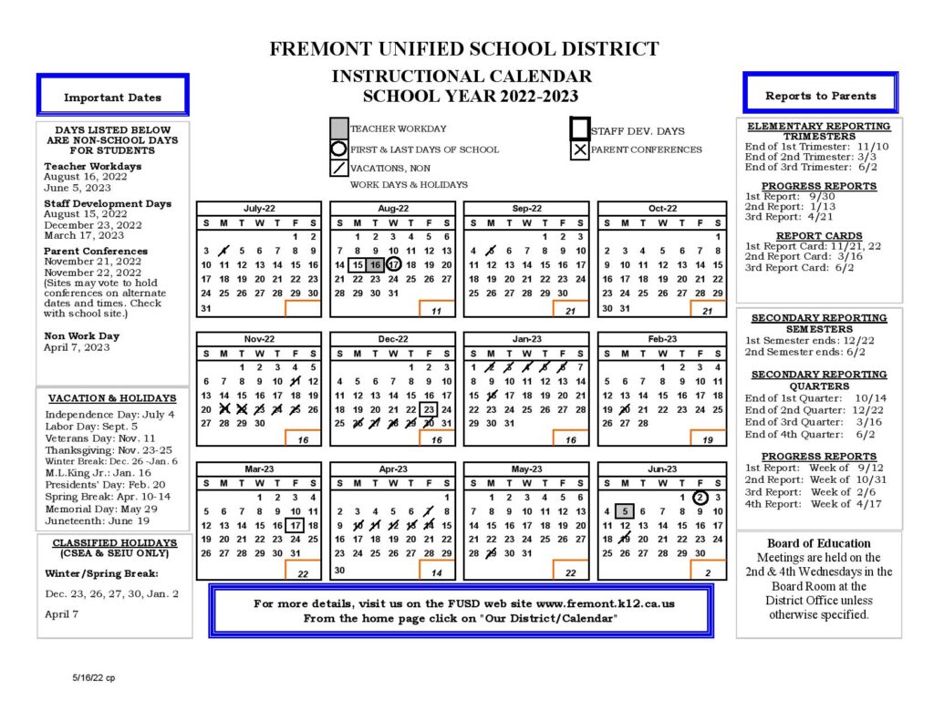 Fremont Unified School District Calendar 20222023 & Holidays
