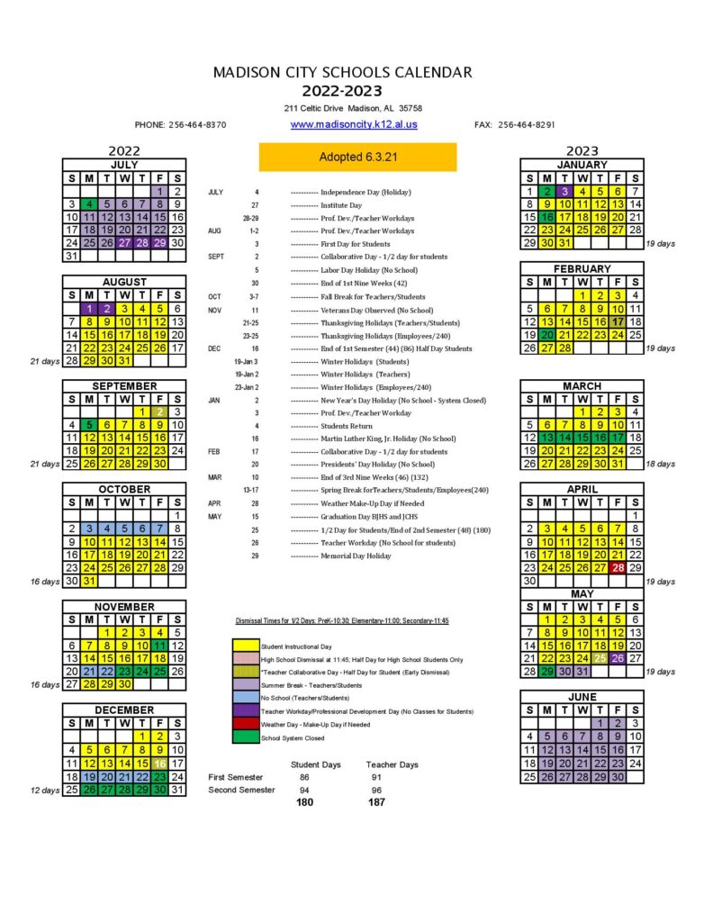 Madison City School Calendar 20222023 & Holidays