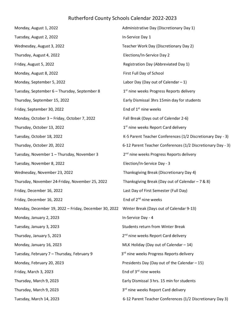 Rutherford County Schools Calendar 2022-2023 & Holidays