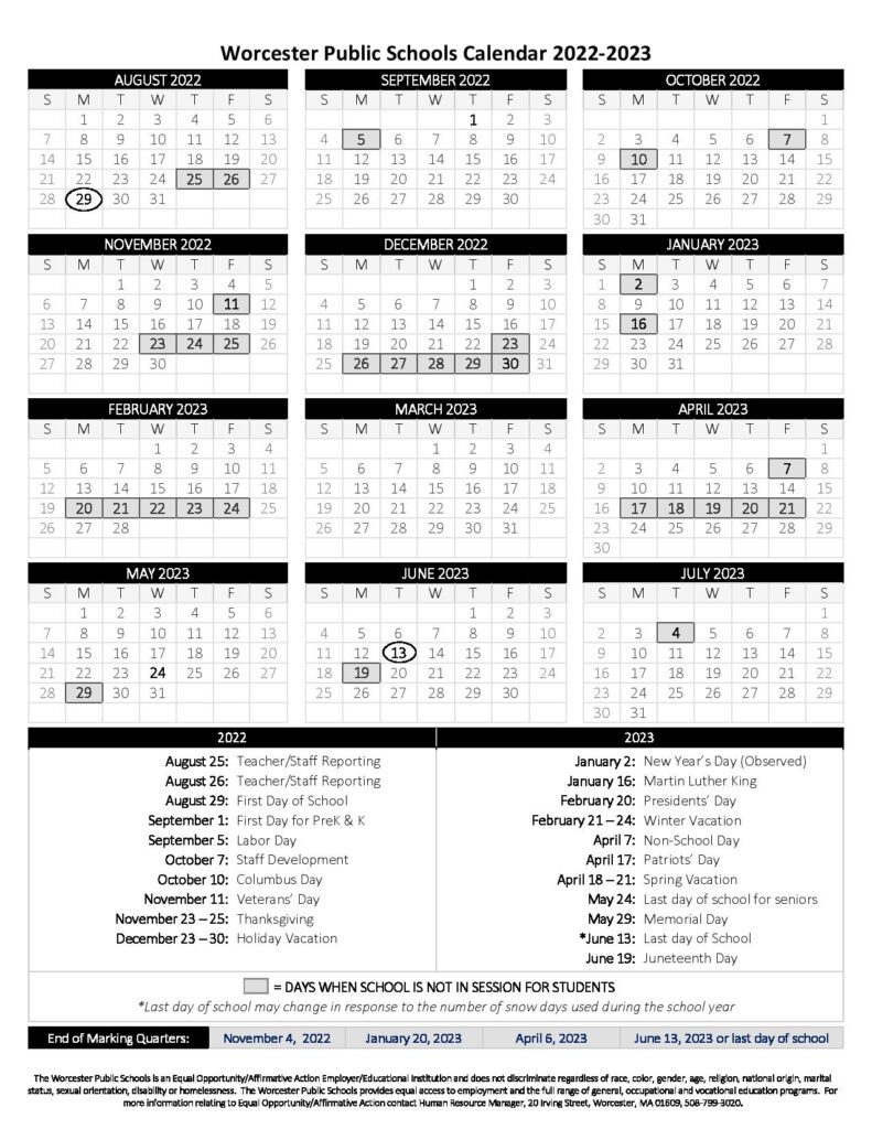 Worcester Public Schools Calendar Holidays 2022-2023