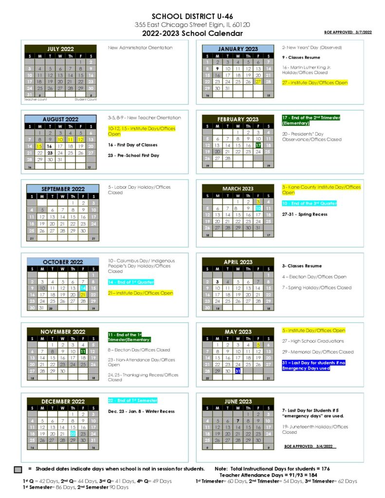 Elgin Area School District U46 Calendar 2022-2023 & Holidays