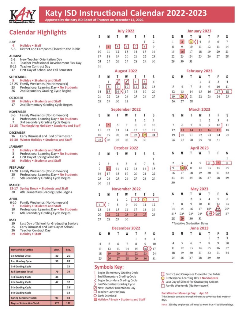 Katy Independent School District Calendar Holidays 20222023