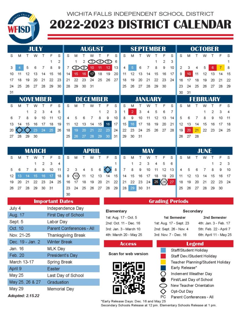 Wichita Falls Independent School District Calendar 20222023
