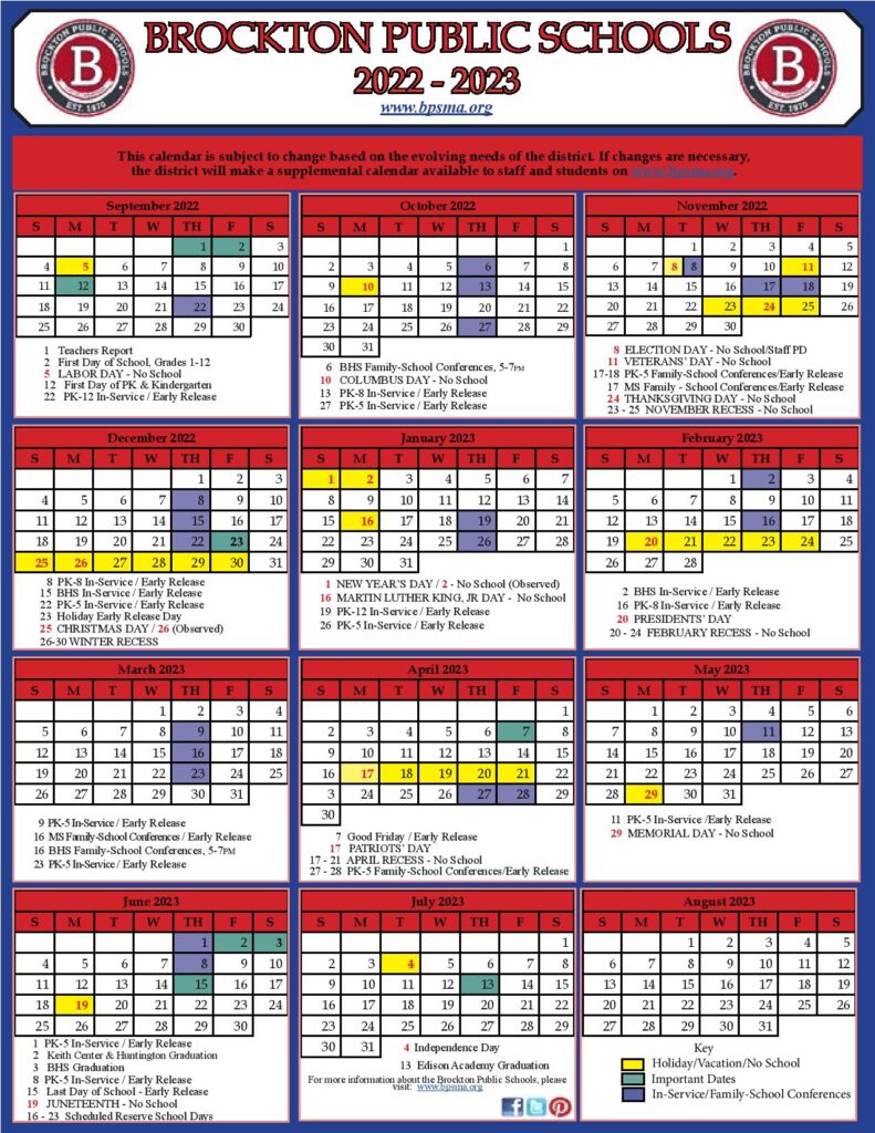 Brockton Public Schools Calendar 2022 2023 Holidays